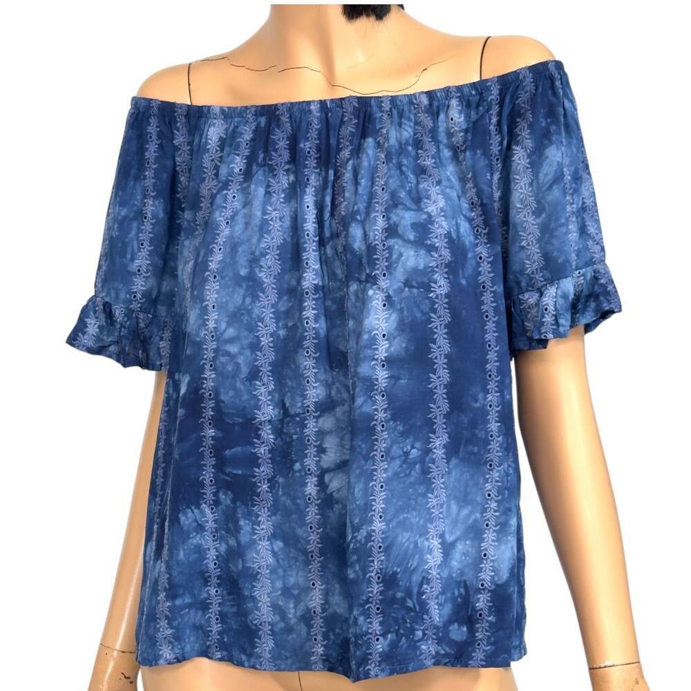 Blue Marble Eyelet Boho Off Shoulder Peasant Top M Milkmaid NWT